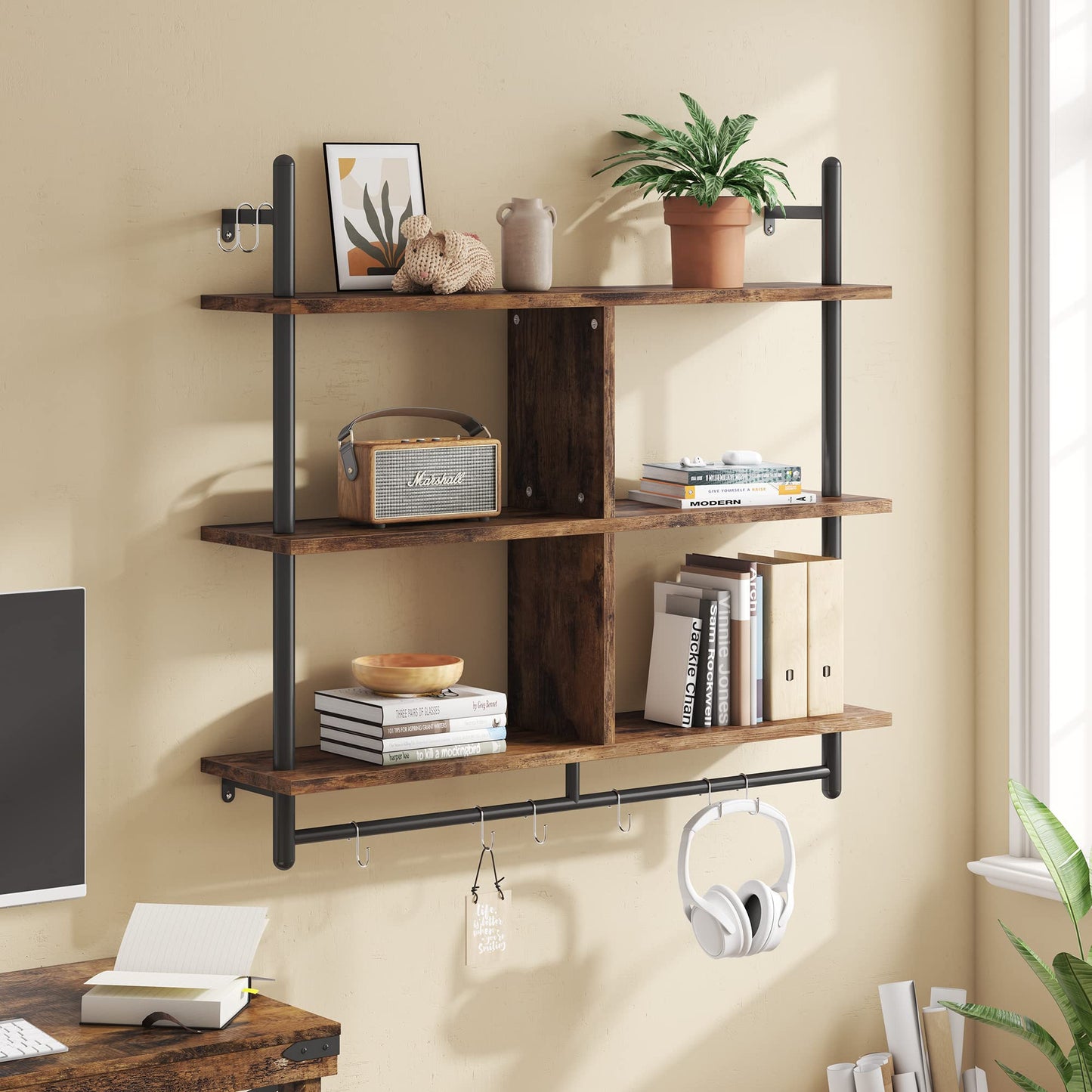 Bestier 3 Tier Floating Pipe Shelving 115CM Industrial Wall Mounted Ladder Shelf Hanging with Circular Tube with Hooks Wood Display Storage Home Decor Book Shelves for Living Room Kitchen Balcony