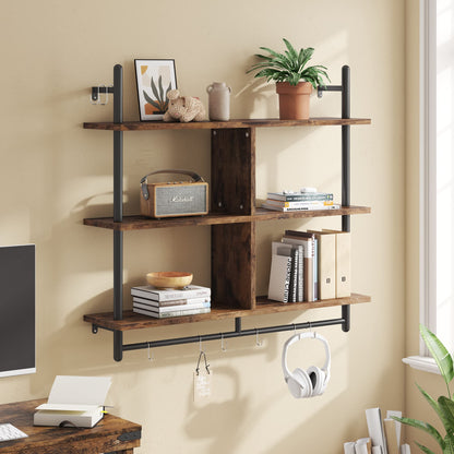 Bestier 3 Tier Floating Pipe Shelving 115CM Industrial Wall Mounted Ladder Shelf Hanging with Circular Tube with Hooks Wood Display Storage Home Decor Book Shelves for Living Room Kitchen Balcony