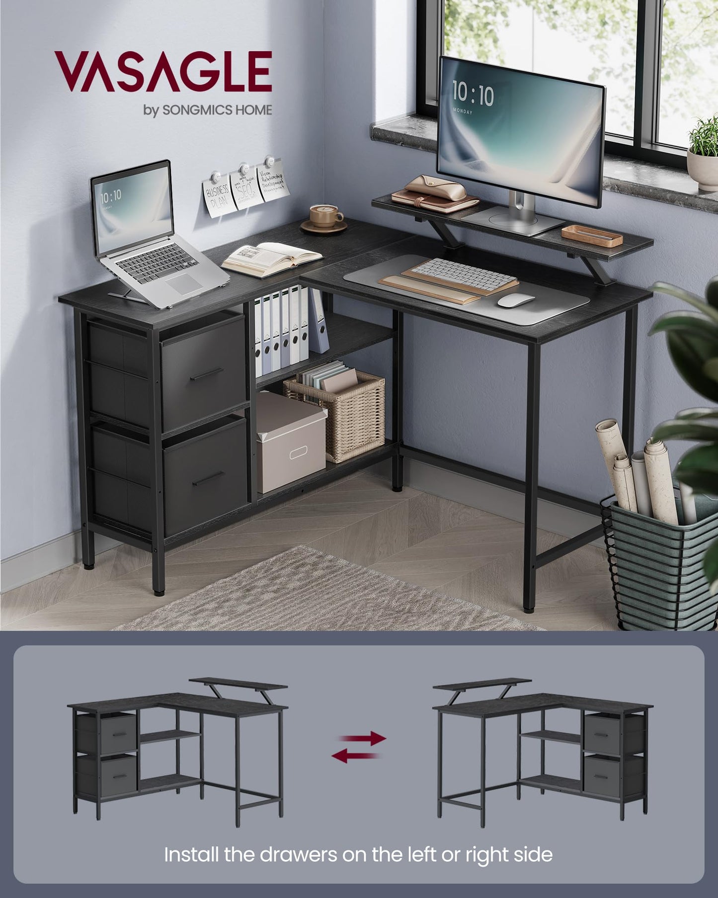 - VASAGLE L-Shaped Desk with 2 Spacious Drawers, Gaming Desk with Monitor Stand, Corner Desk -