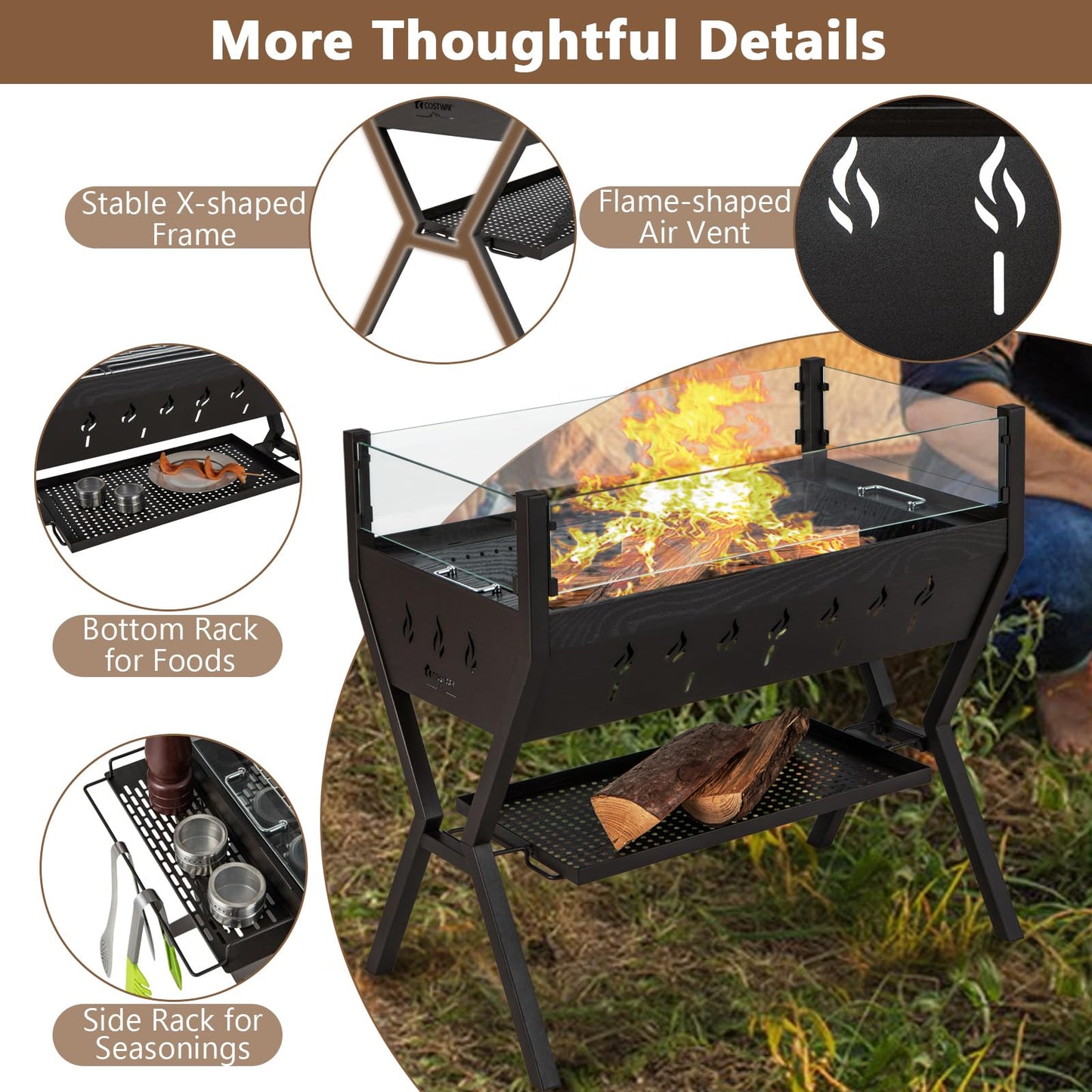 COSTWAY 2-in-1 Barbecue Grill, Metal Large Fire Pit with Glass Wind Guard, Seasoning Racks, Storage Shelf & Gloves, Outdoor Square Charcoal Smoker Heater for Party Camping