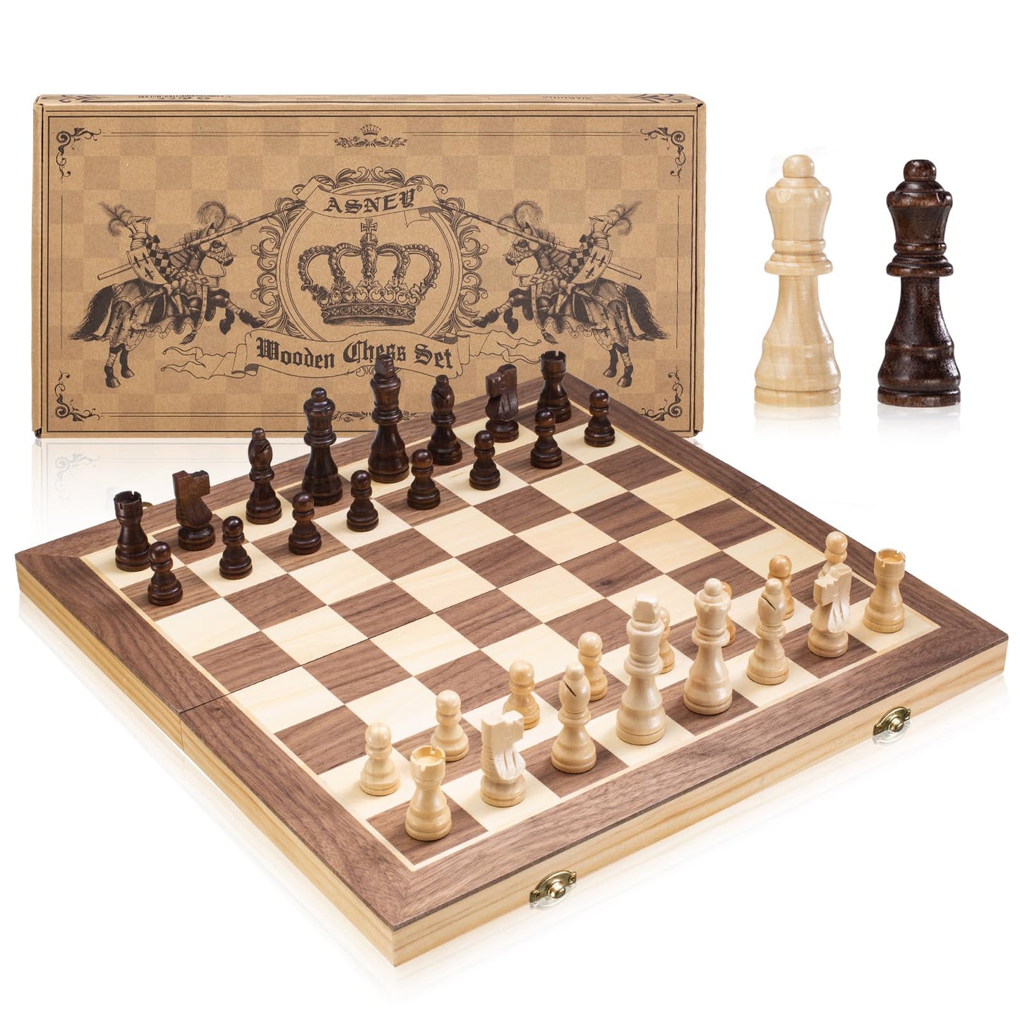 ASNEY Upgraded Magnetic Chess Set, 15” Tournament Staunton Wooden Chess Board Game Set with Crafted Chesspiece & Storage Slots for Kids Adult, Includes Extra Kings Queens & Carry Bag, 2 Players