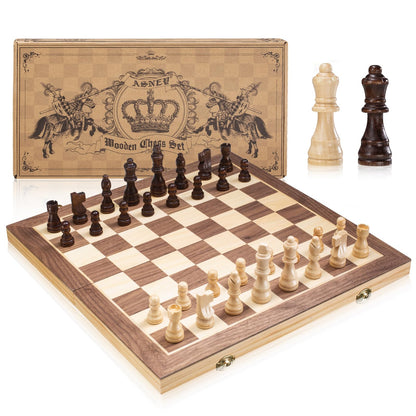 ASNEY Upgraded Magnetic Chess Set, 15” Tournament Staunton Wooden Chess Board Game Set with Crafted Chesspiece & Storage Slots for Kids Adult, Includes Extra Kings Queens & Carry Bag, 2 Players