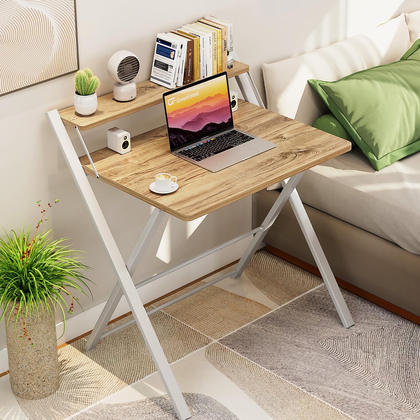 - GreenForest Folding Desk | Computer Desk | 2-Tier Shelf Laptop Foldable Table -