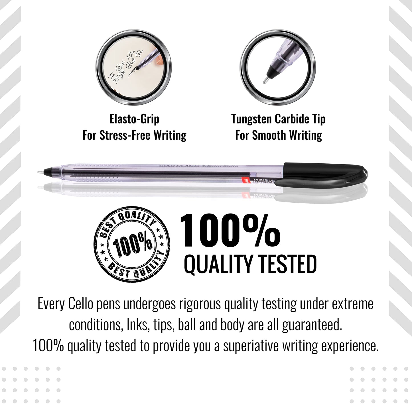 Cello Black Ballpoint Pens, Tri-Mate Medium Point Biros Multipack Pens | 1.0mm Ball Point Black Ink Pens for Writing | Ballpoint Pens Ideal for Stationery Supplies and School Supplies Pack of 10