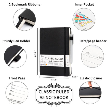 - feela A5 Notebooks Multipack | 3 Pack Ruled Lined Notepads A5 (120 GSM) | Hardback Journal Notebook with 3 Black Gel Pens -