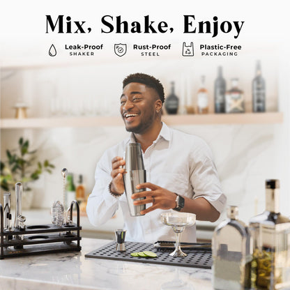 BARE BARREL® Cocktail Making Kit | 14-Piece Bartender Kit Cocktail Shaker Set Maker | Bamboo Display Stand & 35 Recipe Cards | Mixology Cocktail Gift Set (800ml/28oz Boston Shaker, Silver Black)