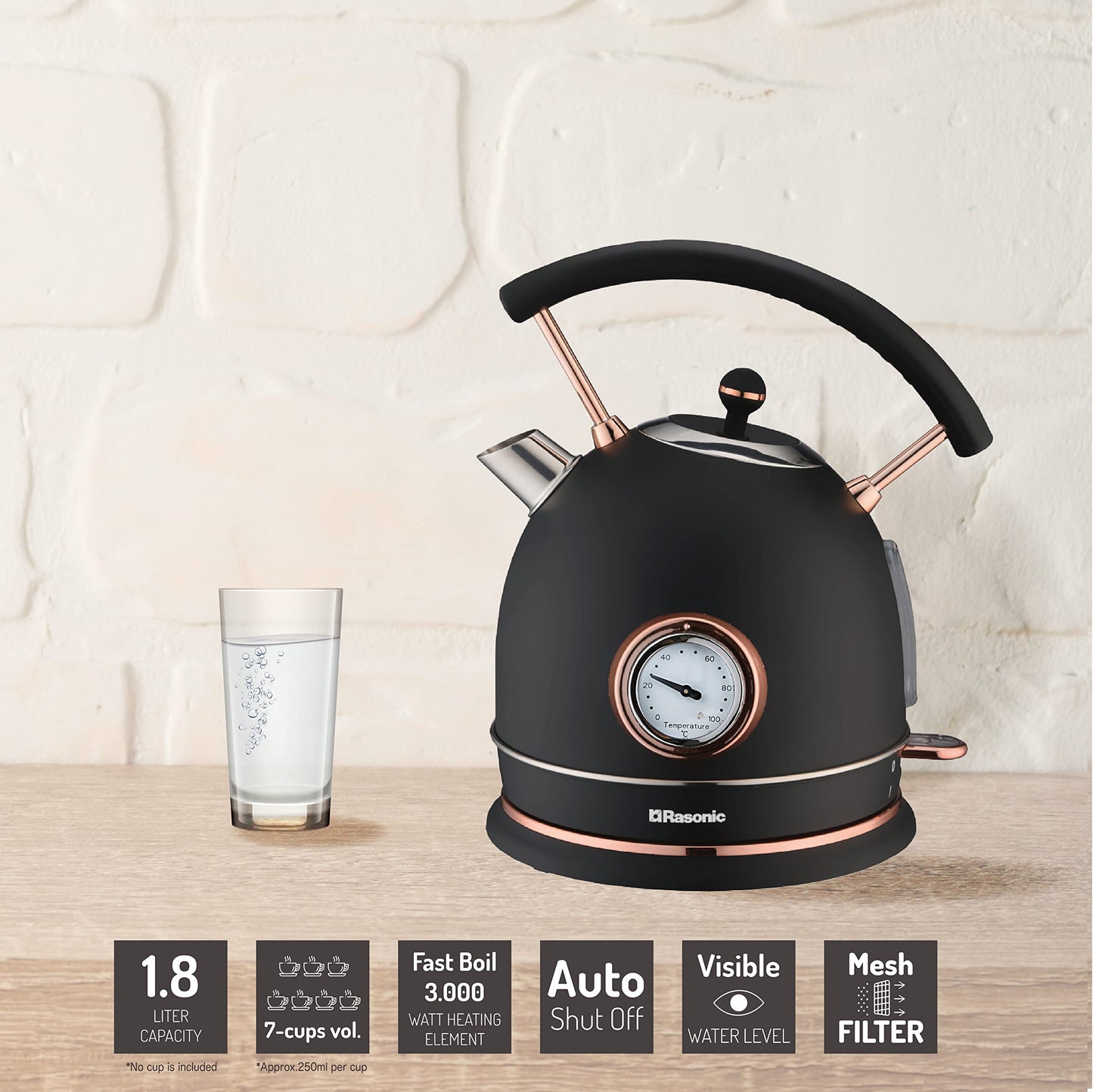 - Rasonic Classic Retro Electric Kettle | 1.8L | Stainless Steel | 3KW Fast Quiet Boiling | Matt Finish Black and Rose Gold -
