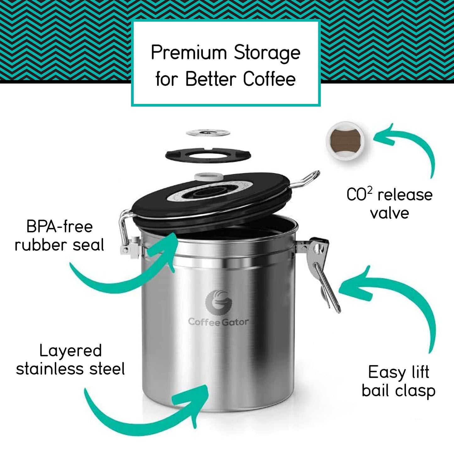 Coffee Gator Coffee Storage - Stainless Steel Tea and Sugar Containers - Canisters w/Date-Tracker, CO2 Valve for Freshness & Scoop - Medium, Blue