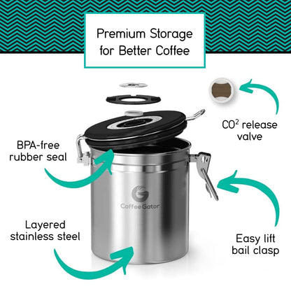 Coffee Gator Coffee Storage - Stainless Steel Tea and Sugar Containers - Canisters w/Date-Tracker, CO2 Valve for Freshness & Scoop - Medium, Blue
