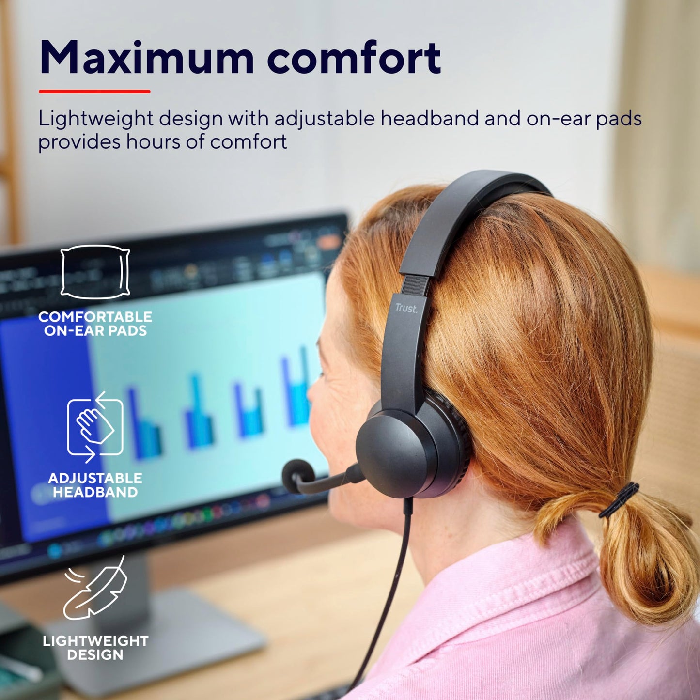 - Trust Roha II USB Headset | with Microphone | On-Ear Lightweight Design | Adjustable Headband -