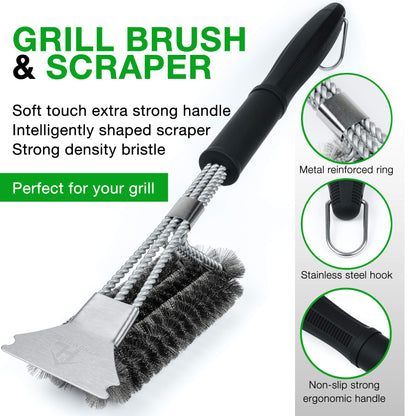 BBQ Grill Cleaning Brush & Scraper - Metal BBQ Grill Brush for Weber, Gas, Charcoal, Iron, Porcelain, All Grilling Grates - Safe Stainless Steel 18 Inch BBQ Brush with Grill Scraper (43 cm)