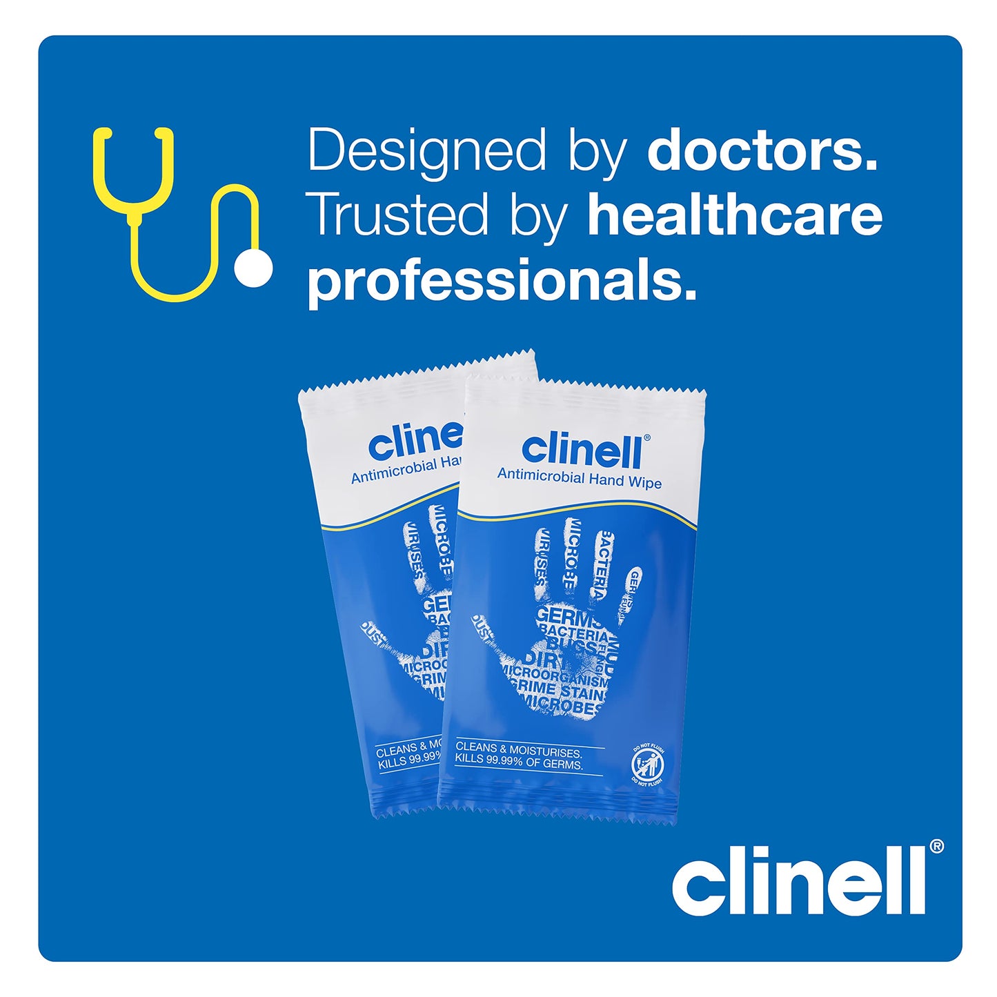 Clinell Antimicrobial Hand Wipes - Pack of 100 Individually Wrapped Sachets - Sanitising Wipes, Ideal for Travel - Dermatologically Tested, Kills 99.99% of Germs