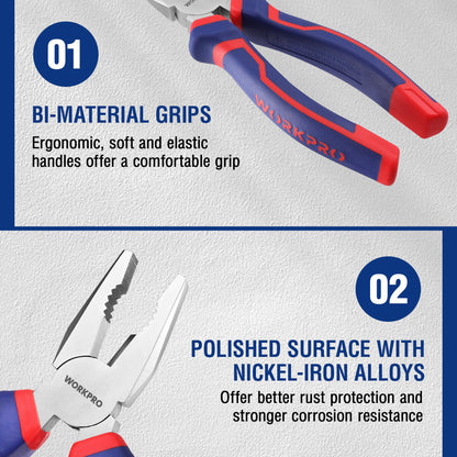 - WORKPRO 3-Piece Pliers Set, 160mm Long Nose Plier, 160mm Diagonal Cutting Plier, 180mm Combination Plier, with Soft Handles