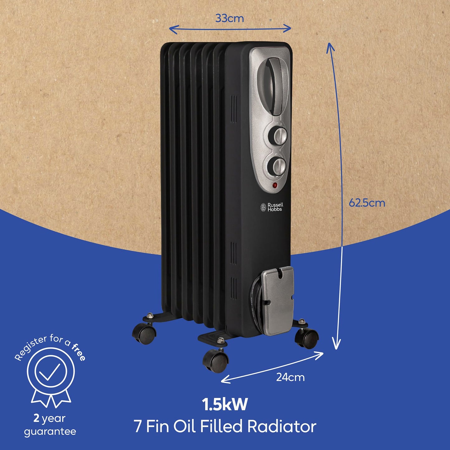 - Russell Hobbs 1500W/1.5KW Oil Filled Radiator | 7 Fin Portable Electric Heater -