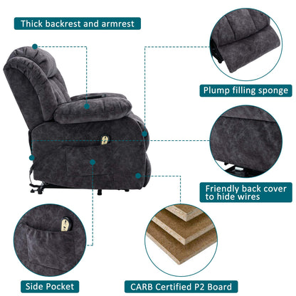BTM Power Massage Lift Recliner Chair with Heat & Vibration for Elderly, Heavy Duty and Safety Motion Reclining Mechanism - Antiskid Fabric Sofa Contempoary Overstuffed Design (Gray)