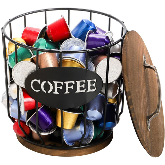 - Yarlung Coffee Pod Holder with Lid, Large Capacity K Cup Coffee Filter Holder with Rustic Wooden Base