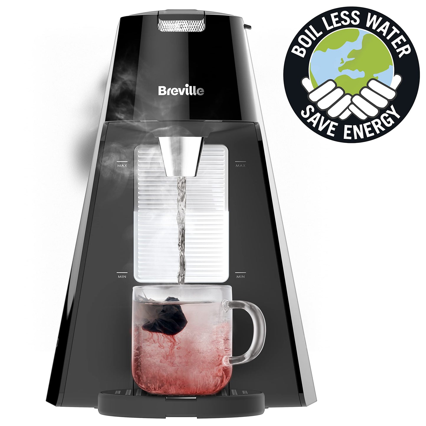 Breville HotCup Hot Water Dispenser | 1.7 Litres with 3 KW Fast Boil | Pre-set cup fill, with manual “STOP” button | Energy-efficient use | Gloss Black [VKT124]