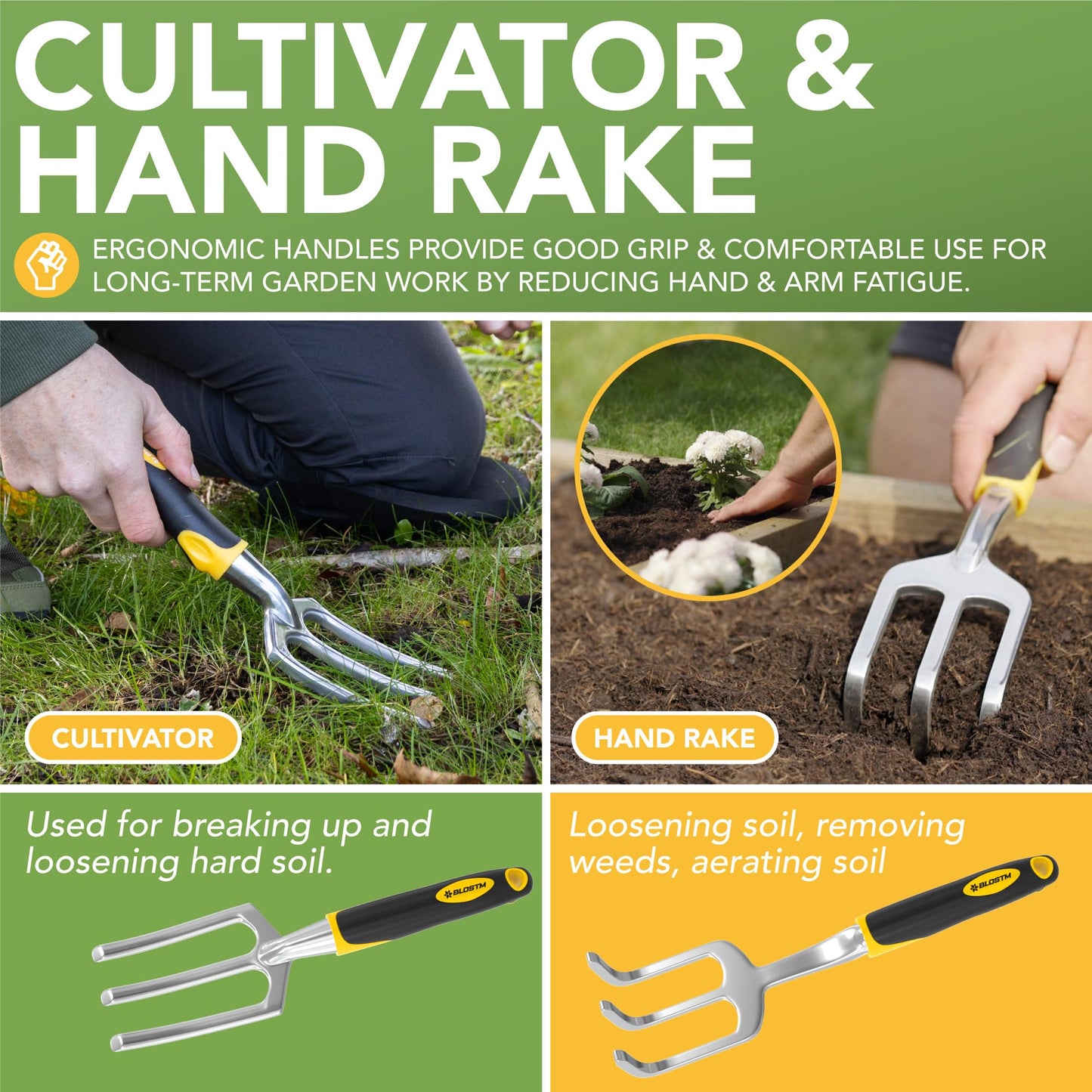 BLOSTM Gardening Tools Set 11 PCS - Heavy Duty Garden Tools for Gardening with Waterproof Tote Carrier Bag - Rust Proof Garden Hand Tools Set with Ergonomic Handles Gardening Gifts for Men & Women