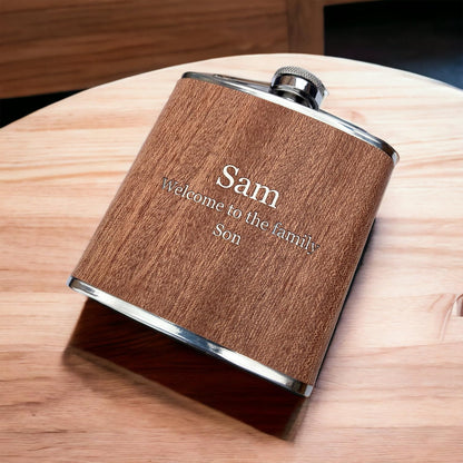 - Personalised Rutherfords Gifts Wood Wrap 6oz Hip Flask | Engraved with Name and Message of Your Choosing -