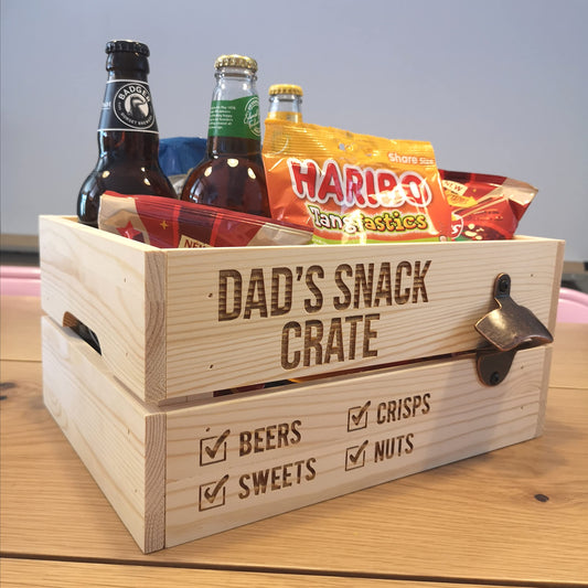 Dad's Snack Crate - Engraved Wooden Snack Crate (Personalised Crate with Bottle Opener)