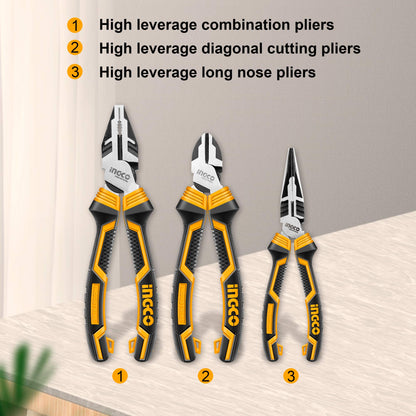 - INGCO 3Pcs High Leverage Pliers Set | 8" Combination Pliers | 7" Diagonal Cutting Pliers | 6" Long Nose Pliers -