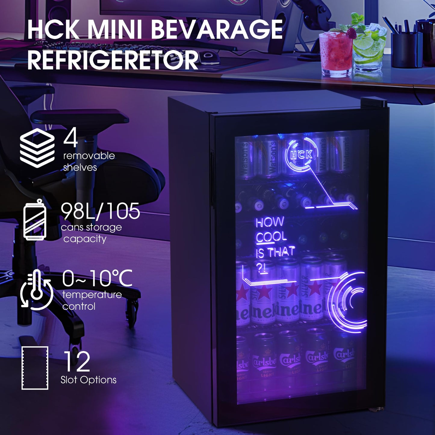 - HCK 98L Cyberpunk Mini Beer Fridge with Glass Door | Beverage Refrigerators | 0-10°C | Led Light -