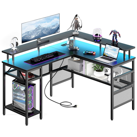 -Yornoli L Shaped Gaming Desk with Led Lights＆Power Outlet, 140cm Corner Gaming Desk for Home Office Computer Desk with Monitor Stand & Storage Shelves, Black