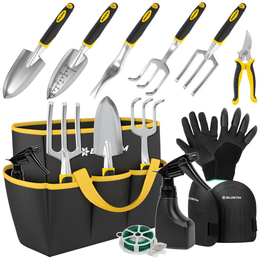 BLOSTM Gardening Tools Set 11 PCS - Heavy Duty Garden Tools for Gardening with Waterproof Tote Carrier Bag - Rust Proof Garden Hand Tools Set with Ergonomic Handles Gardening Gifts for Men & Women