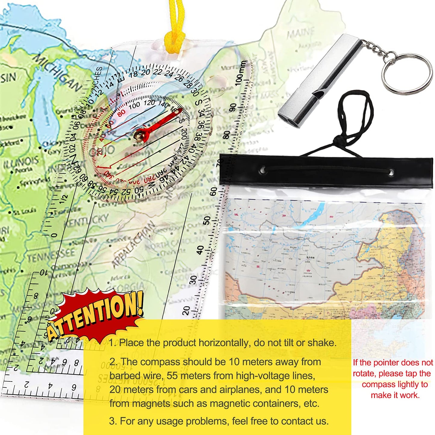 Compass Orienteering, Clear Navigation Compass for Explorer Expedition Camping, Hiking, Survival Mountaineering with Waterproof Map Case Bag and Emergency Whistle