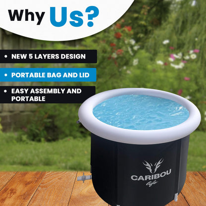 Caribou Life Ice tub bath. Portable Ice Tub 75x75cm. Adult cold tub for recovery and therapy. 5 layers. Lid and bag included.