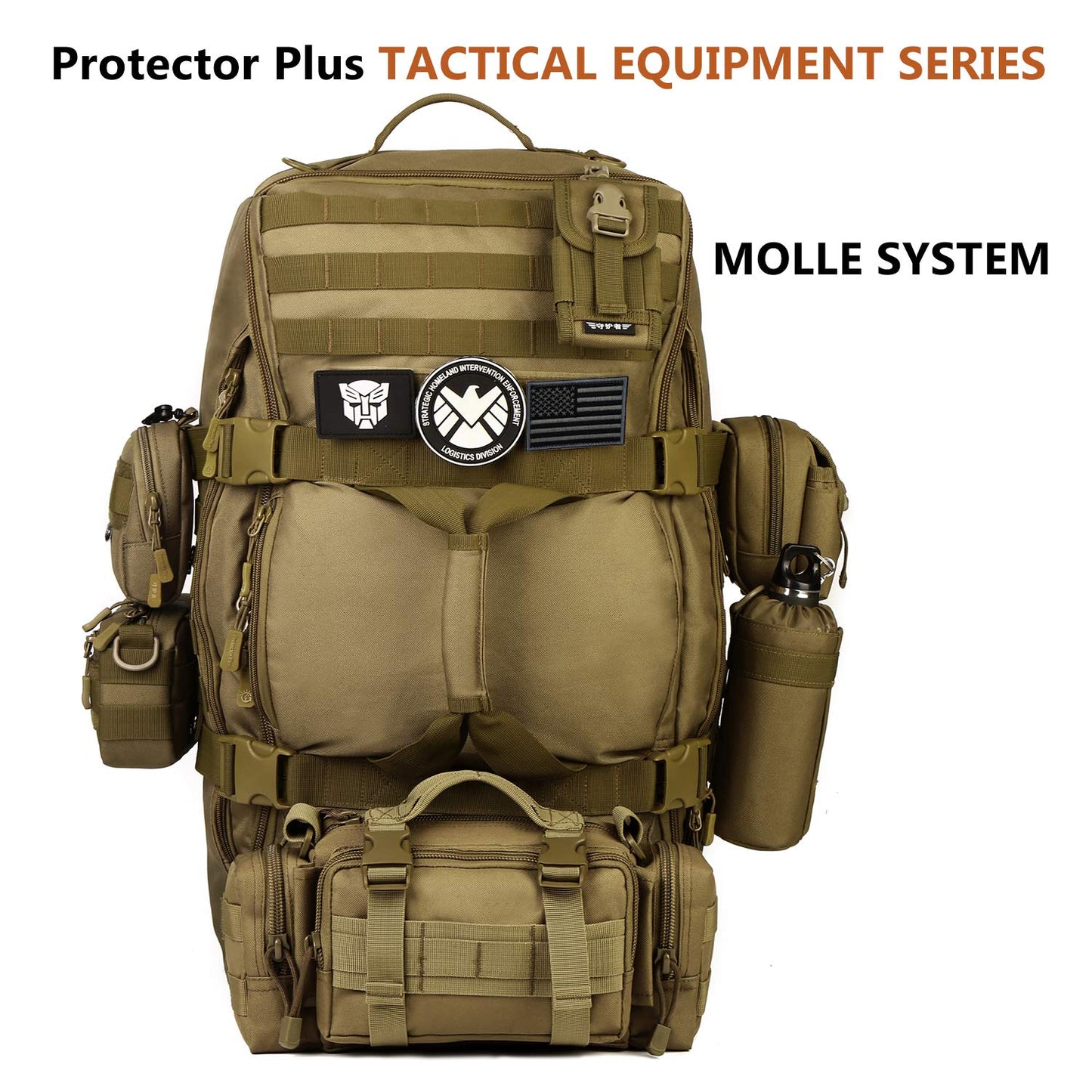 - Protector Plus Tactical Travel Backpack | 60L | Military MOLLE Duffel Bag | Brown -