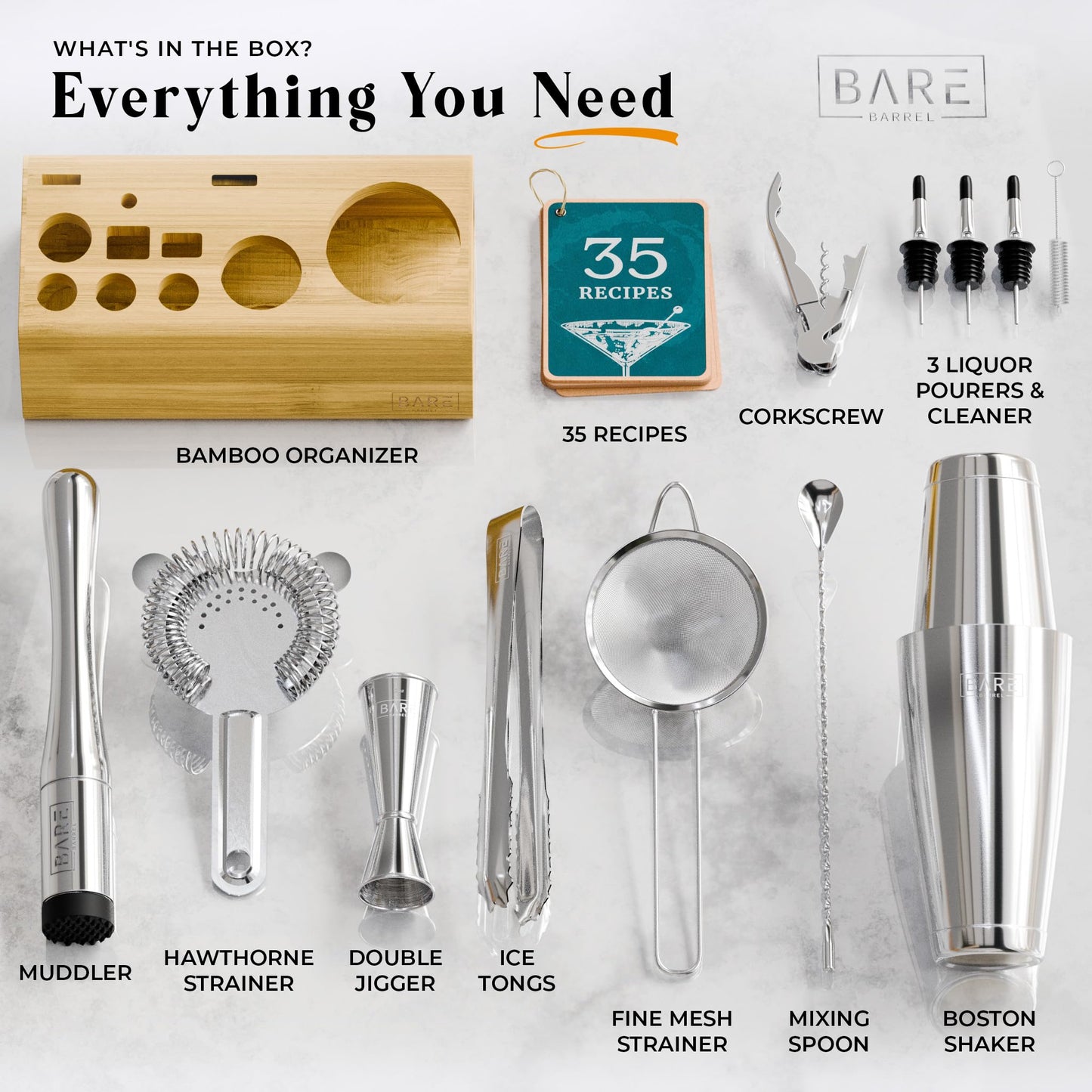 BARE BARREL® Cocktail Making Kit | 14-Piece Bartender Kit Cocktail Shaker Set Maker | Bamboo Display Stand & 35 Recipe Cards | Mixology Cocktail Gift Set (800ml/28oz Boston Shaker, Silver)