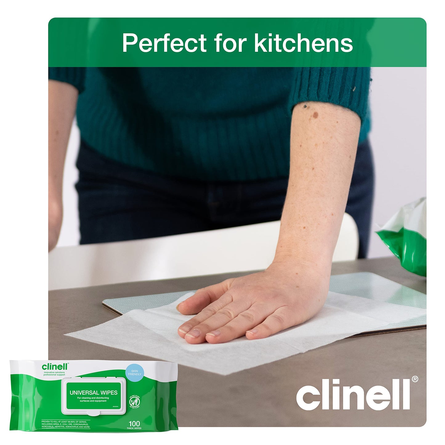Clinell Universal Cleaning and Disinfectant Wipes for Surfaces - Pack of 100 Thick Wipes - Multi Purpose Wipes, Kills 99.99% of Germs, Quick Action - 255mm x 175mm