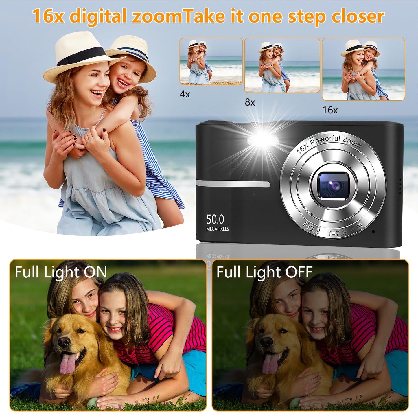- Digital Camera | 1080P 50MP Vlogging Camera with 16X Digital Zoom | Compact Camera with 32GB SD Card and 2 Batteries -