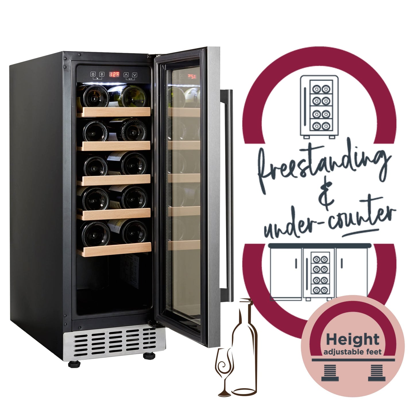 Cookology CWC300SS Freestanding Undercounter Fridge Cabinet 30cm Wine Cooler, 20 Bottle, 60 Litre Capacity, with Digital Temperature Control and Reversible Door - in Stainless Steel
