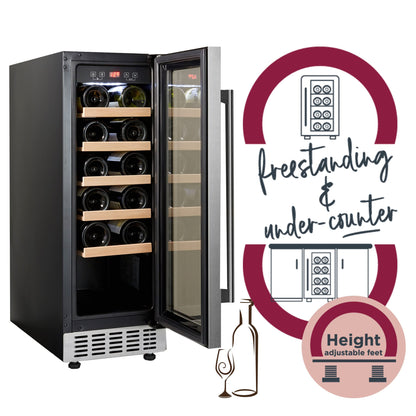 Cookology CWC300SS Freestanding Undercounter Fridge Cabinet 30cm Wine Cooler, 20 Bottle, 60 Litre Capacity, with Digital Temperature Control and Reversible Door - in Stainless Steel