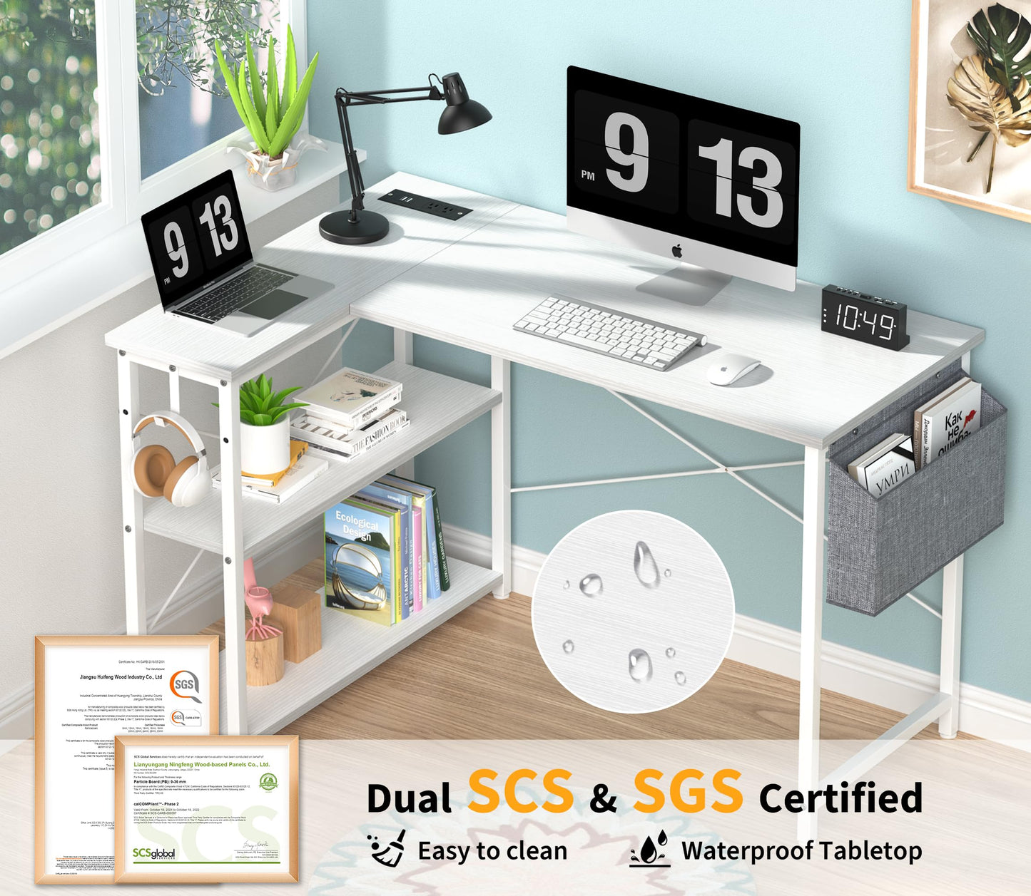 - Yornoli L Shaped Computer Desk with Power Outlet, 118CM Corner Office Desk for Small Spaces with Storage Shelves, Study Work Writing Table for Home Office Bedroom, Snow White