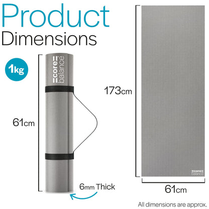 Core Balance Yoga Mat With Strap 6mm Thick Non Slip Foam For Home Exercise (Grey)
