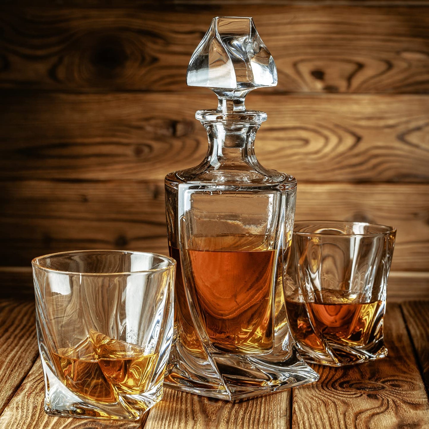 - FLOW Barware Deluxe Whiskey Decanter and Glass Set | Twist Design Decanter Set & 2 Whiskey Glasses with 6 Granite Whiskey Stones | Whisky Decanter Gift Set -
