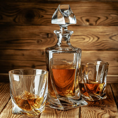 - FLOW Barware Deluxe Whiskey Decanter and Glass Set | Twist Design Decanter Set & 2 Whiskey Glasses with 6 Granite Whiskey Stones | Whisky Decanter Gift Set -