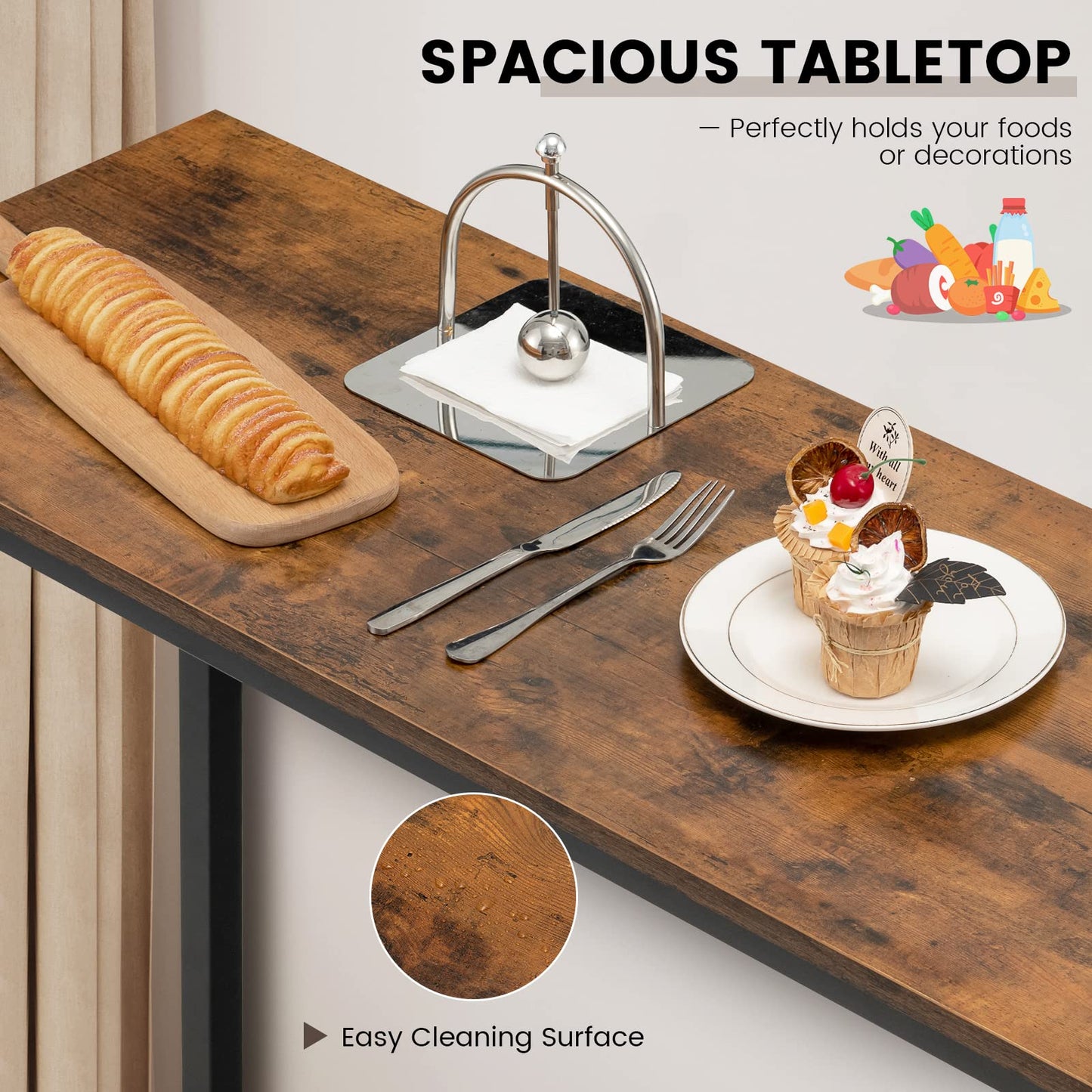 COSTWAY Rectangular Bar Table, 120cm Counter Breakfast Dining High Tables with Footrest and Adjustable Footpads, Metal Frame Pub Coffee Desk for Small Space Kitchen Living Room (Rustic Brown)