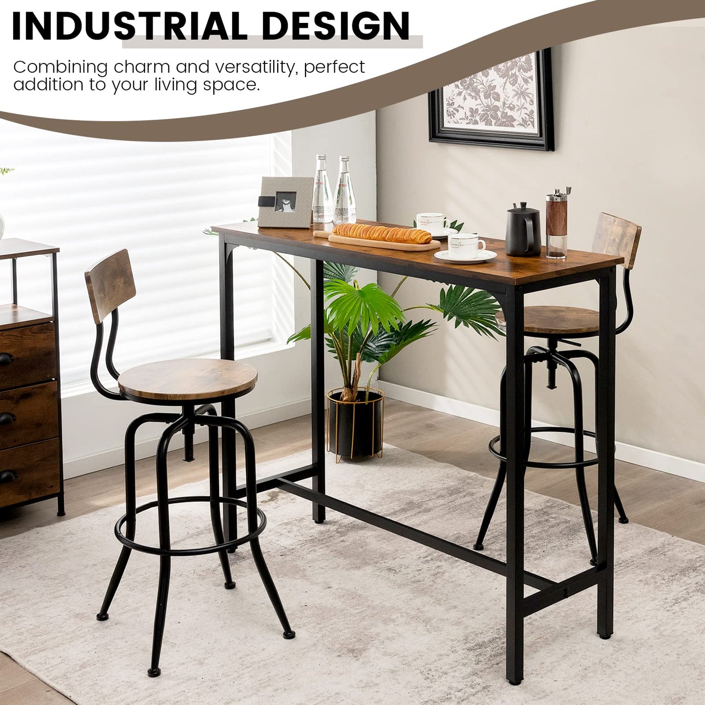 COSTWAY Rectangular Bar Table, 120cm Counter Breakfast Dining High Tables with Footrest and Adjustable Footpads, Metal Frame Pub Coffee Desk for Small Space Kitchen Living Room (Rustic Brown)