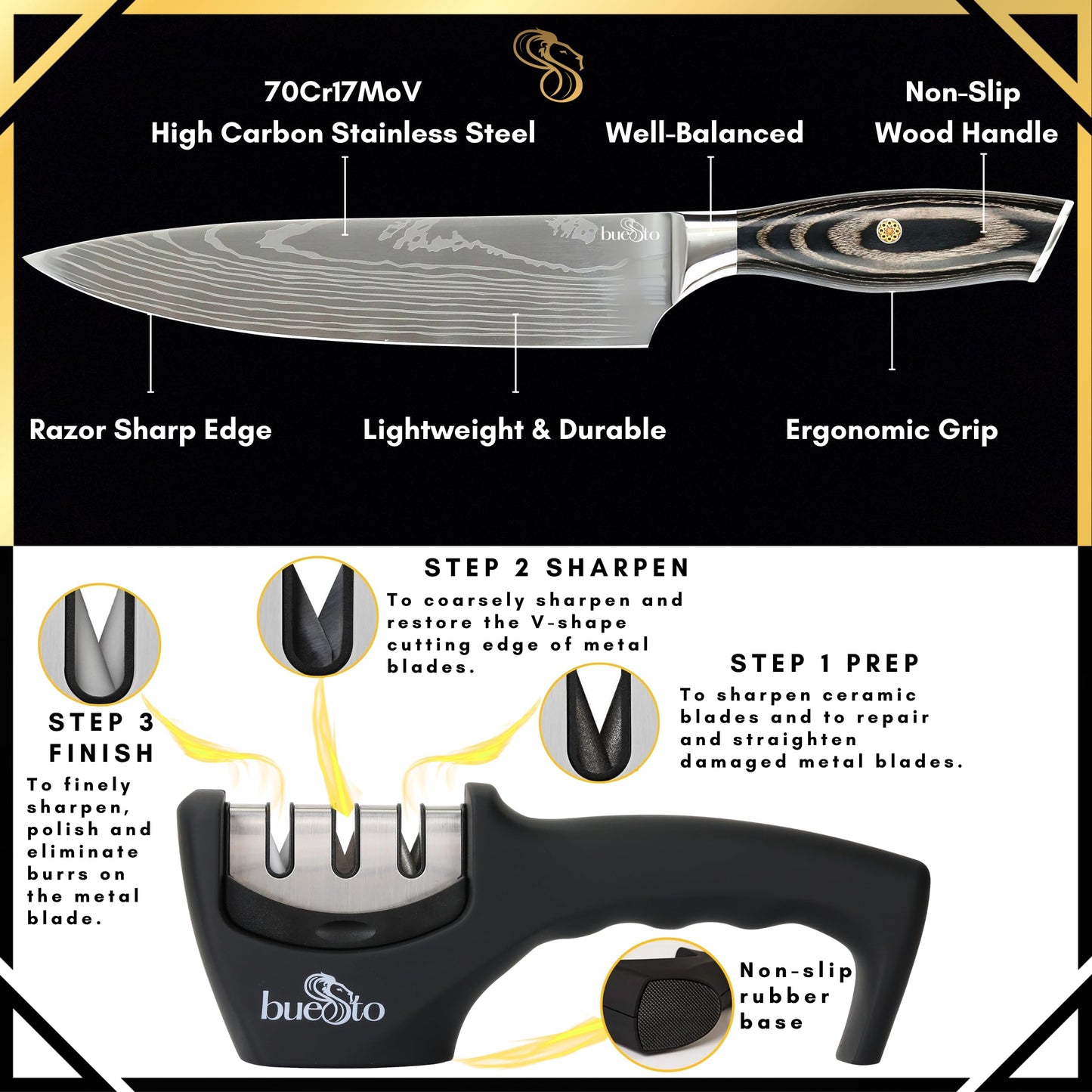 BUESTO Chef Knife and 3-Stage Knife Sharpener - 8 inch Ultra Sharp Kitchen Knife - High Carbon Stainless Steel Chefs Knife - Long Lasting Japanese Knife - Ergonomic Pakkawood Handle - Chef Gifts