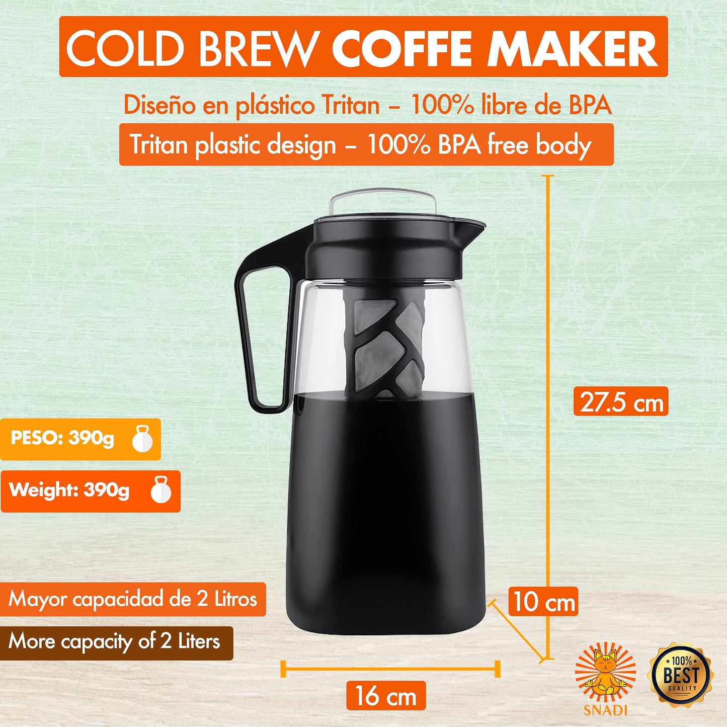 Cold Brew Jug - 2 litre (Cold Brew Coffee Maker) Infuser with Fine Mesh Filter and Airtight Lid Design in Tritan 100% BPA Free