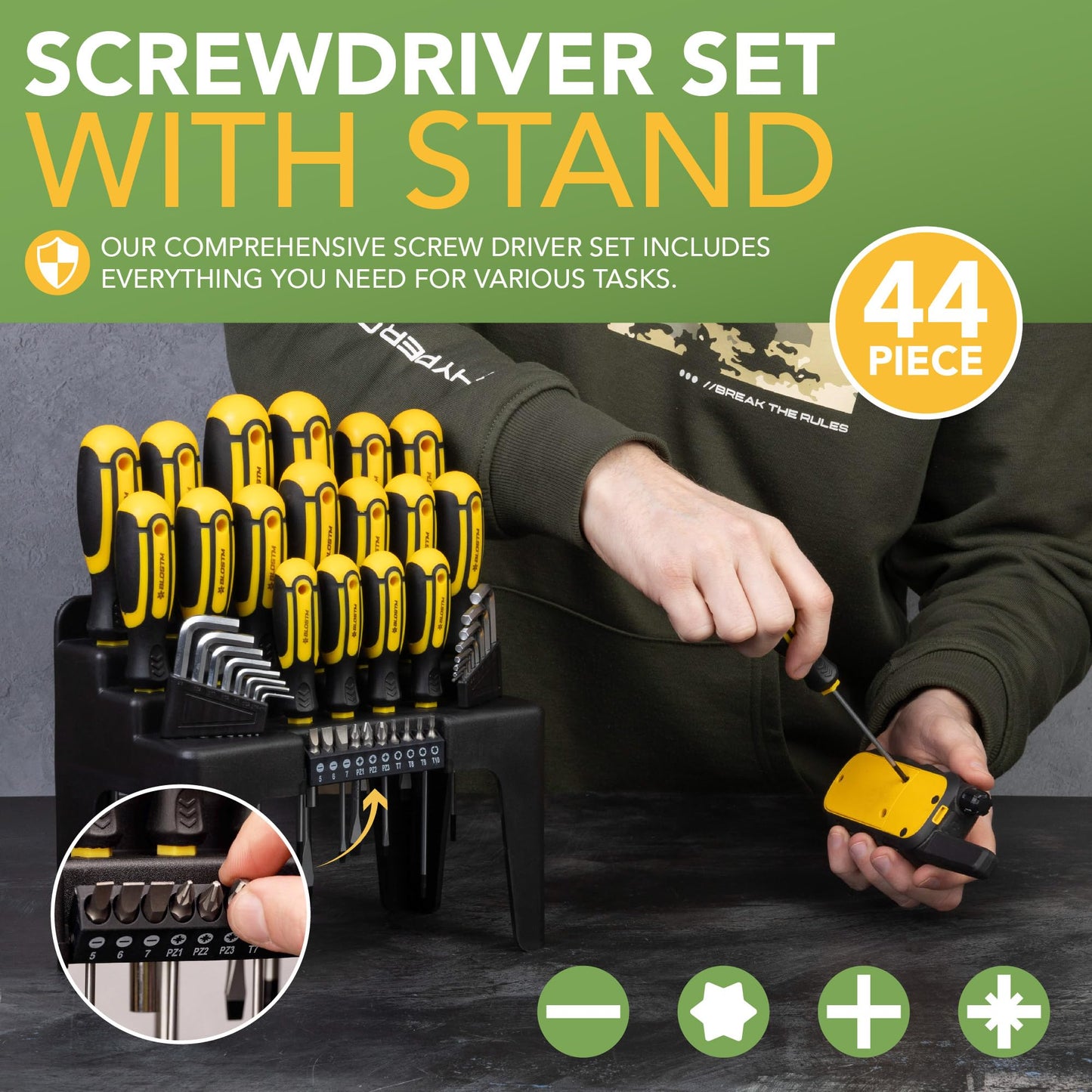 BLOSTM Magnetic Screwdriver Set with Stand - 44PCS Screw Driver Set & Wall Mount Screwdriver Organizer - Crosshead, Flathead, PZ, Star Screw Driver Sets, Metric & Imperial Hex Keys, Screwdriver Bits