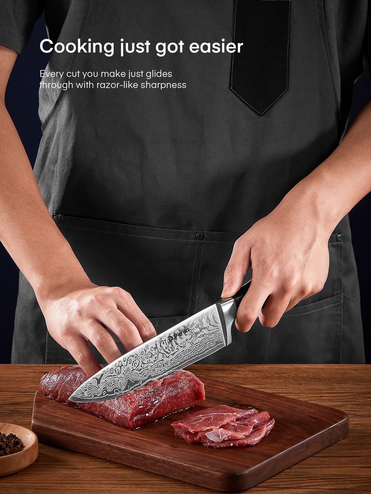 D.Perlla Knife Set, 14 Pieces Kitchen Knives Set with Self Sharpening Wooden Block, German Stainless Steel Knife Block Set with Steak Knives, Black