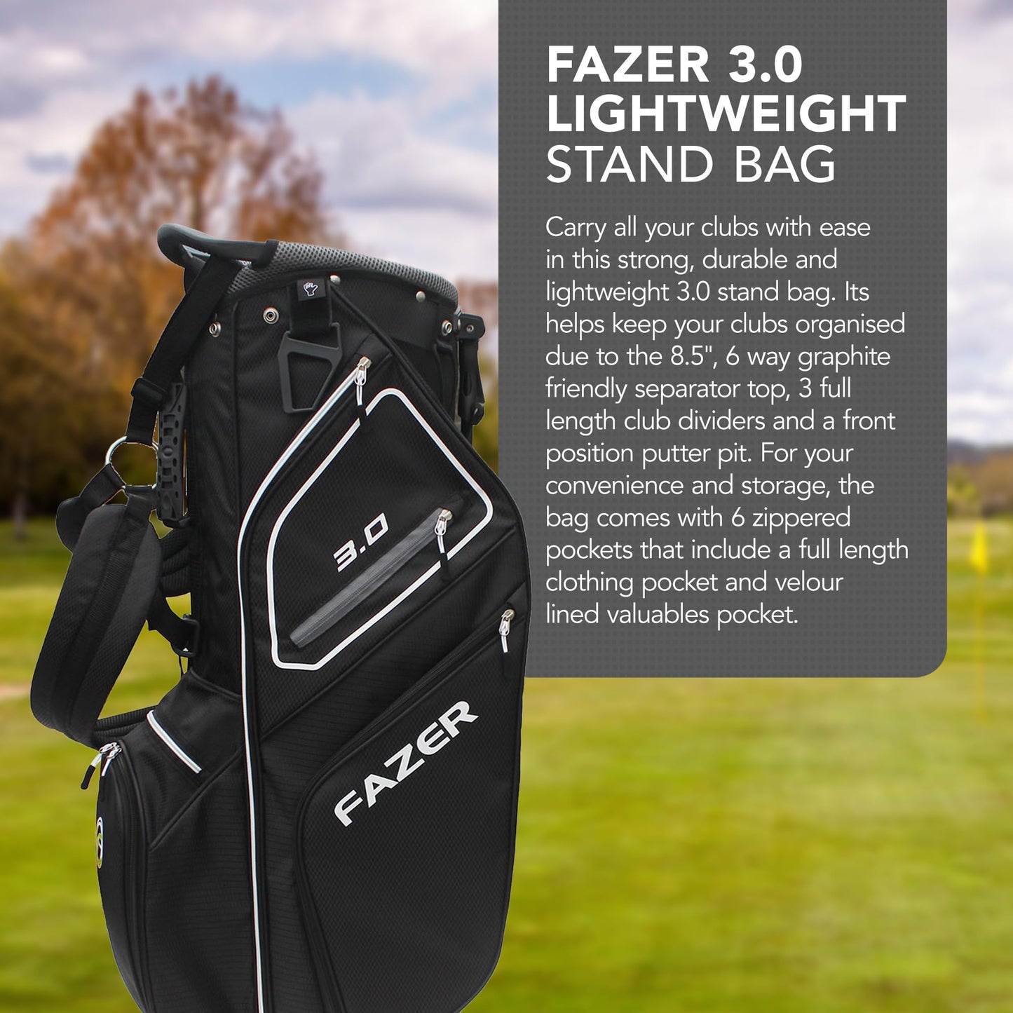 - FAZER 3.0 Lightweight Golf Stand Bag with a 6-Way Club Divider | Full-Length Club Dividers & 6 Zippered Pockets -