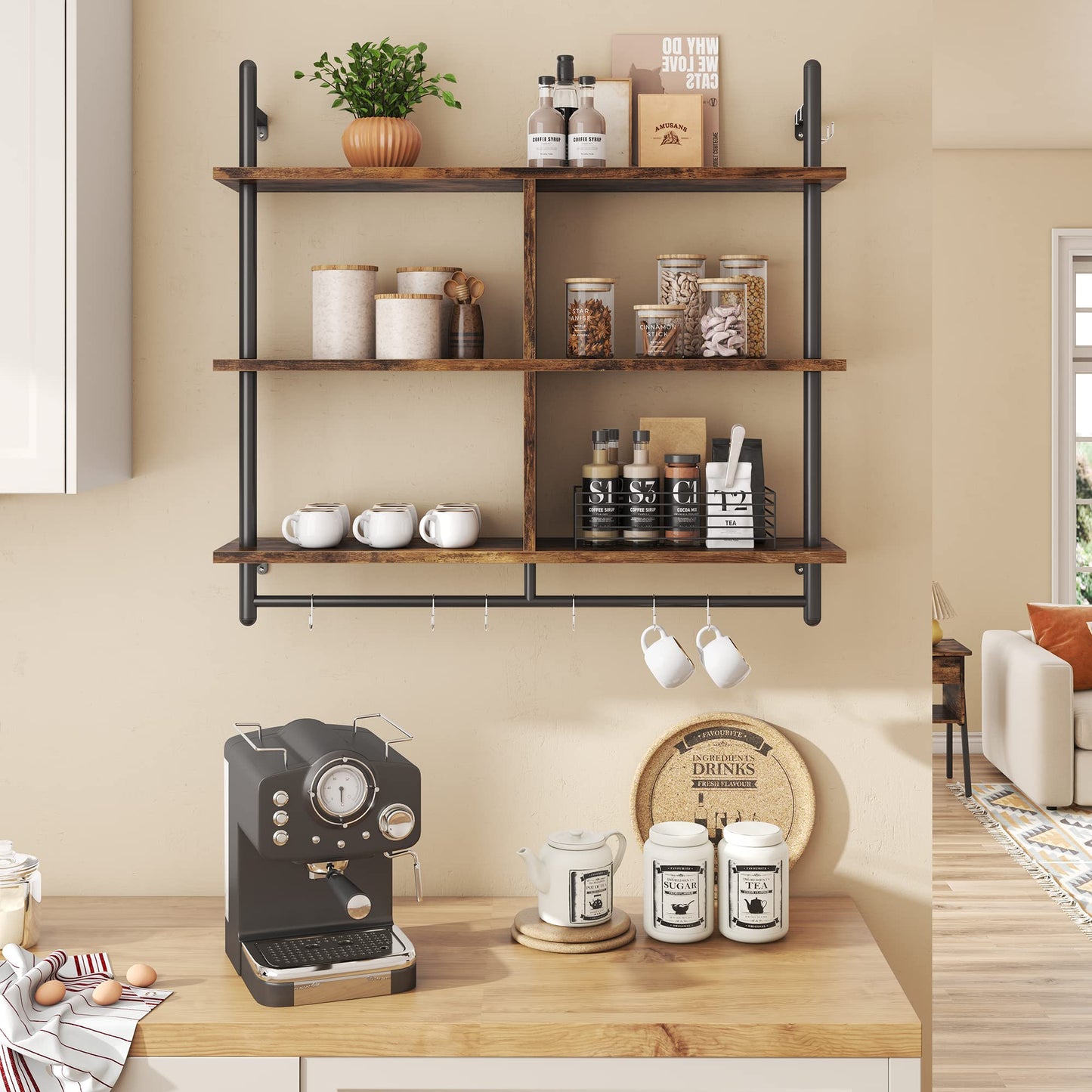 Bestier 3 Tier Floating Pipe Shelving 115CM Industrial Wall Mounted Ladder Shelf Hanging with Circular Tube with Hooks Wood Display Storage Home Decor Book Shelves for Living Room Kitchen Balcony