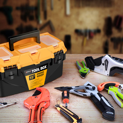 AIRAJ 15" Tool Box with Double Locking Buckle, Lightweight Plastic Tool Box with Removable Tray and Small Parts Box,Portable Tool Storage Box for Tools(38.1 * 22 * 19.5cm)