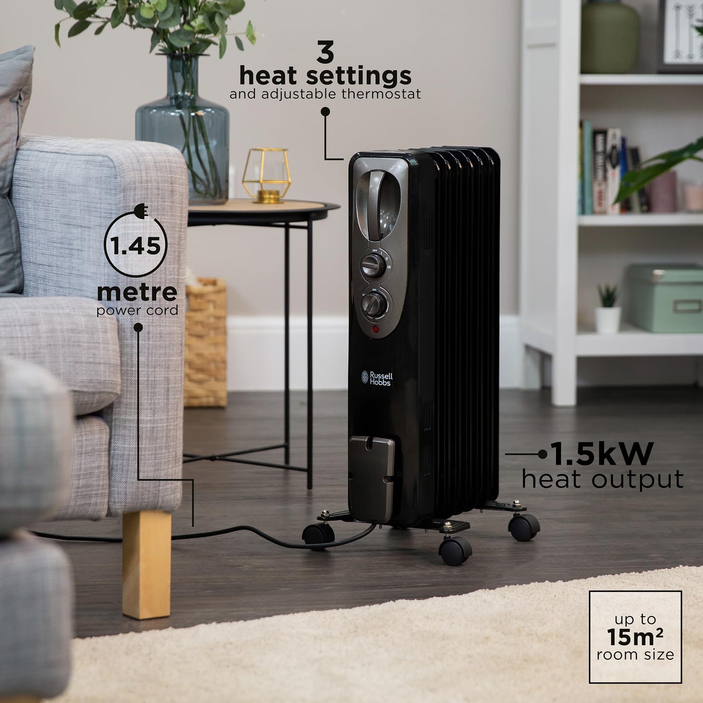 - Russell Hobbs 1500W/1.5KW Oil Filled Radiator | 7 Fin Portable Electric Heater -
